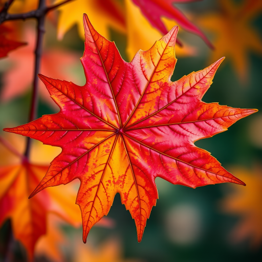 Regenerate a vibrant illustration of an autumn maple leaf with rich colors of red, orange, and yellow, capturing intricate vein details, using a macro lens, f/2.8 aperture, 50mm focal length, soft natural lighting, digital art style.