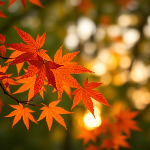 capture close-up of vibrant orange maple leaves against a blurred green background during golden hour, aperture f/2.8, shutter speed 1/250s, ISO 100, DSLR camera, shallow depth of field