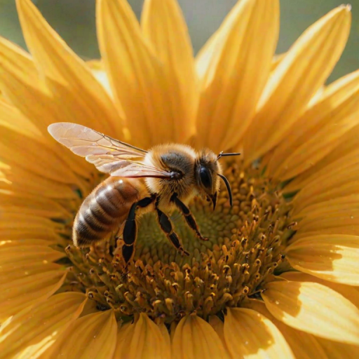 Sharp, high-resolution close-up of a bee landing on a sunflower, soft light reflecting off the petals, tiny details of the bee's wings and pollen visible, the smell of fresh flowers lingering in the air, a sense of summer vibrancy captured.