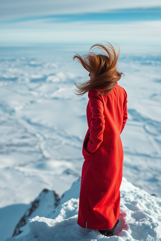 Snow-covered mountain peak, a woman in a red coat standing at the summit, her hair blowing in the icy wind, with vast snowy plains stretching out below.