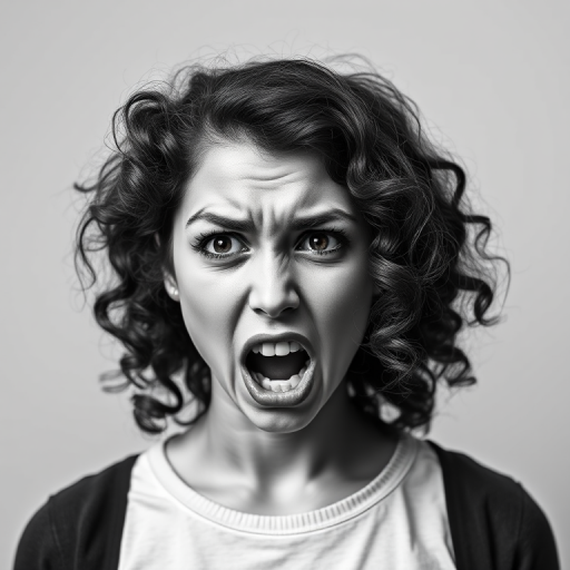 Generate a high-contrast black and white portrait of a young woman with curly hair, expressing extreme frustration, shot with a 50mm lens at f/1.8, ISO 200, in a studio setting with softbox lighting, using a DSLR camera.