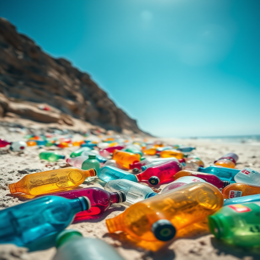 beach littered with colorful plastic bottles under a clear blue sky, wide-angle view, shallow depth of field, f/8 aperture, 1/250 second shutter speed, ISO 100, DSLR camera