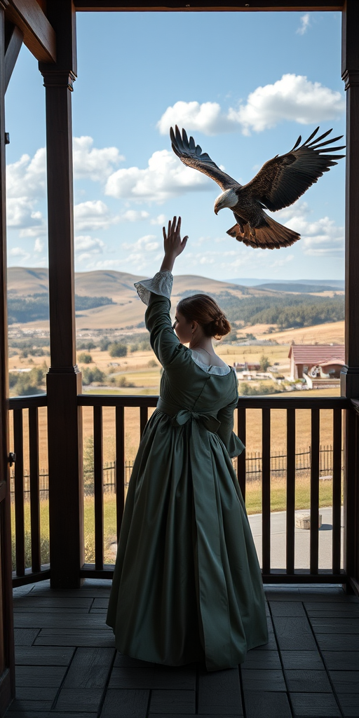 Regenerate a hyper-realistic image of a woman in a historical dress standing on a wooden porch, reaching out towards a soaring eagle, with a scenic landscape featuring hills and fields in the background, shot with a Canon EOS R5, 50mm lens, aperture f/1.8, shutter speed 1/200s, ISO 100, using natural daylight to enhance colors and details.