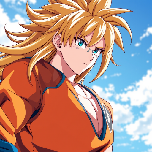 Create a high-resolution digital illustration of a powerful anime character with long blonde hair wearing a bright orange and blue fighting outfit, captured using a DSLR camera at f/2.8 aperture, 50mm lens, in bright natural lighting with a slight low-angle perspective to emphasize the character's strength.