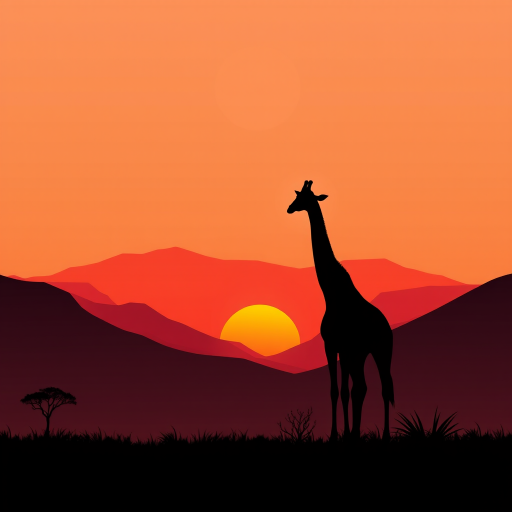 Generate a minimalist landscape illustration featuring a silhouette of a giraffe in front of mountains during sunset with an orange sun in a pastel-colored sky, using a digital art style, focus on sharp lines and contrasting colors, simulate a DSLR camera with a 50mm lens, aperture f/2.8, ISO 100, and soft lighting effects for enhanced depth and clarity.