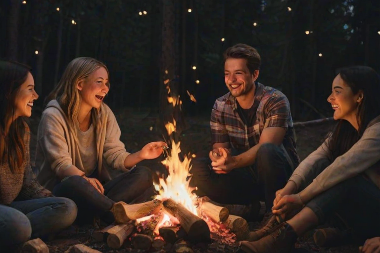 Warm, softly lit photo of a group of friends sitting around a campfire, soft glow from the flames illuminating their faces as they laugh and roast marshmallows, with stars faintly visible overhead.