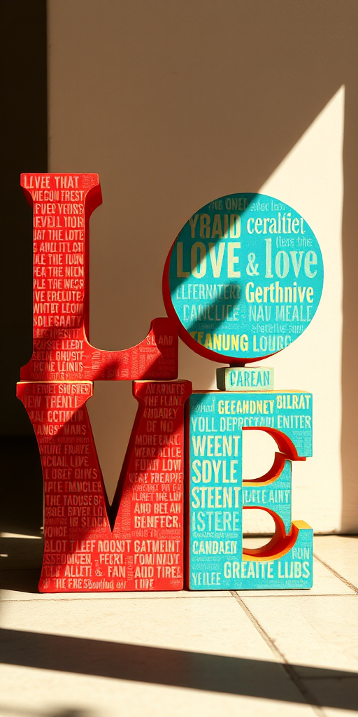 Create a vibrant typographic illustration of the word LOVE using various expressive words related to love and connection, taken with a Canon EOS R5, 50mm lens, f/1.8 aperture, ISO 100, in natural light to enhance color and detail.