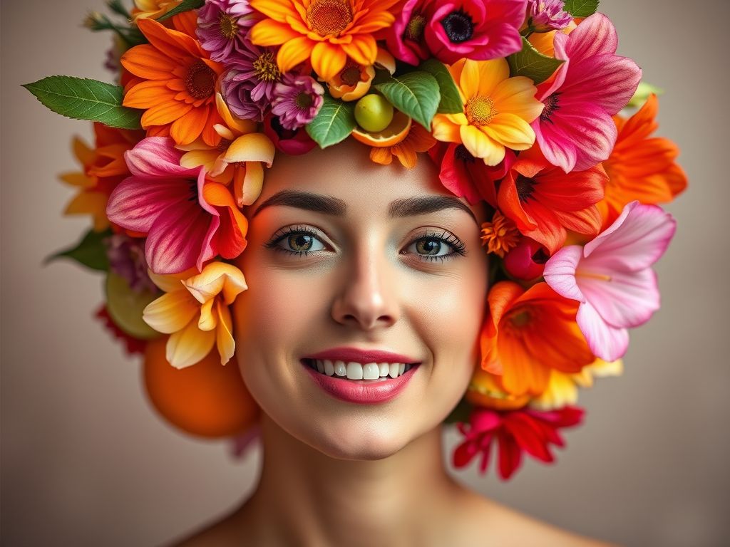 Generate an image of a woman with a vibrant floral and fruit headdress, showcasing oranges, watermelons, and colorful flowers, captured in high resolution with a Canon EOS R5, 50mm lens, f/1.8 aperture, 1/200 sec shutter speed, and soft diffused lighting for a dreamy effect.
