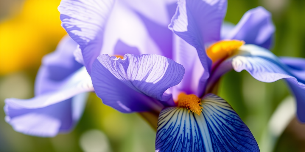 Close-up of a blooming iris flower with blue and yellow markings, natural sunlight, shallow depth of field, aperture f/2.8, ISO 100, 50mm lens, DSLR camera, focused on the petals with a blurred background.
