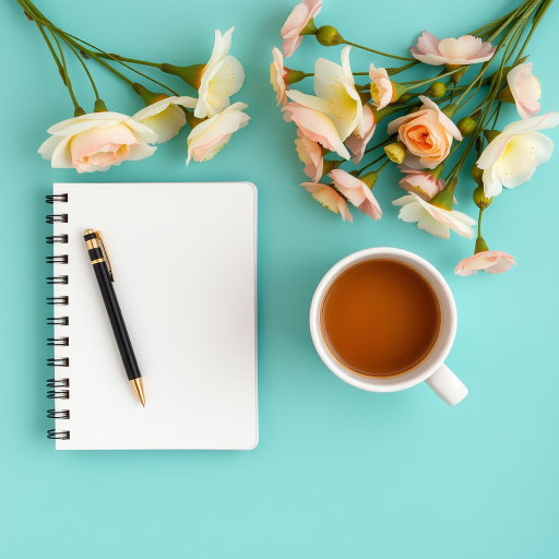 A flat lay composition of a blank spiral notebook, a black pen, a white coffee mug filled with brown liquid, and a bouquet of flowers with light pink, green, and yellow colors on a turquoise background, captured with a Canon EOS R, 50mm lens, aperture f/2.8, ISO 100, shutter speed 1/125 sec, soft natural light for enhanced image quality.