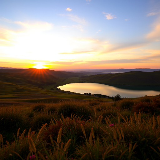 Create a high-resolution image of a serene landscape with rolling hills, a vibrant sunset, and a calm lake reflecting the sky, using a DSLR camera with a 50mm lens, f/1.8 aperture, ISO 100, and a shallow depth of field from a slightly elevated view to enhance the foreground and background details.