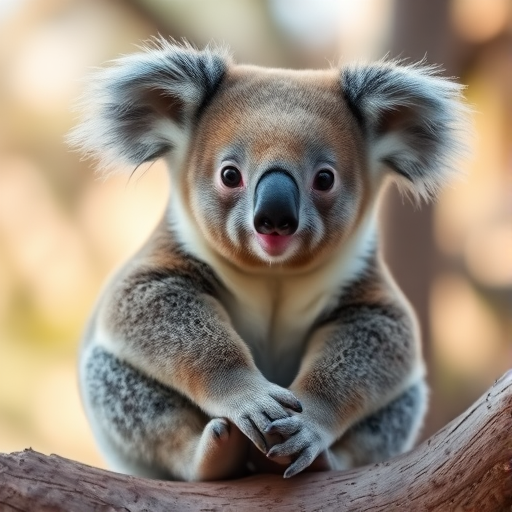 Create a high-resolution image of a cute koala sitting, captured with a Canon EOS R5, using a 50mm f/1.2 lens at ISO 100, aperture f/2.8, and shutter speed 1/200 sec, in natural daylight with a soft focus background for enhanced clarity and detail.