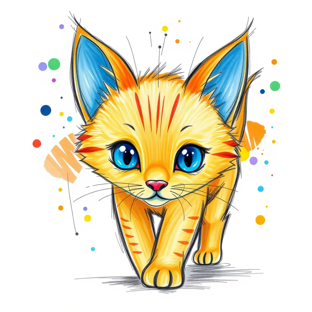 A vibrant childs coloured pencil drawn illustration of a bright orange cat with large, expressive blue eyes, a very cute style. The cat appears to be walking towards the viewer, surrounded by an abstract splash of colors and fine black lines, giving the image a dynamic and artistic flair. The background is a soft beige, highlighting the cat's vivid coloration and playful demeanor. Naively drawn scratchy line style.