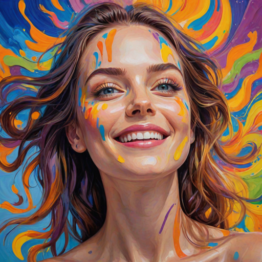 Generate a psychedelic portrait of a woman's happy face with brushstrokes of a woman smiling and looking up at the sky, emphasizing bright and bold colors. The dominant color should be deep blue, with swirling patterns of yellow, green, pink, purple and orange. open blue eyes with long eyelashes, apply an orange-yellow eyeshadow for a mesmerizing effect.