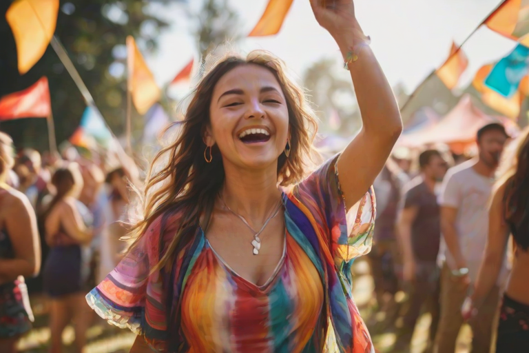 Blurry candid shot of a woman dancing at a music festival, wearing a colorful outfit, with friends around her, colorful flags waving in the background, and sunlight illuminating their smiles.