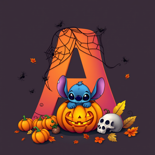 A whimsical and vibrant Halloween-themed digital illustration featuring the letter 'A' adorned with spider webs, small bats, and cute spiders. At the base of the letter, a playful alien character similar to Stitch is peeking out from inside a carved pumpkin with glowing eyes, surrounded by additional pumpkins, a small skull, and autumn leaves. The letter is gradient-colored from orange to purple, adding a magical atmosphere to the scene.