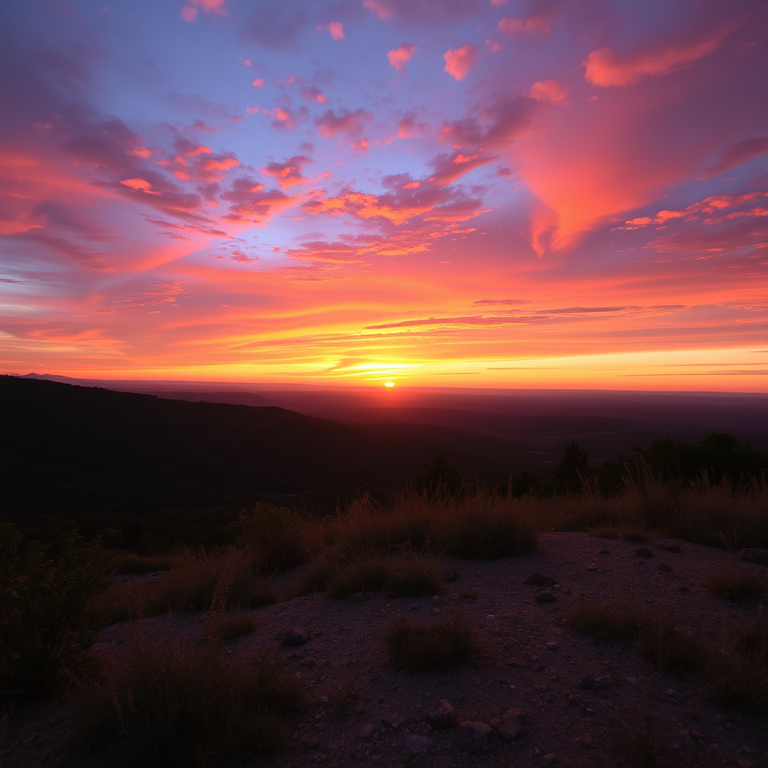 Generate a high-resolution image of a serene landscape at sunset with vibrant colors, using a DSLR camera with a 35mm lens, aperture set to f/8, ISO 100, shutter speed 1/200s, shot in RAW format for enhanced details, wide-angle view to capture the expansive sky and distant hills.