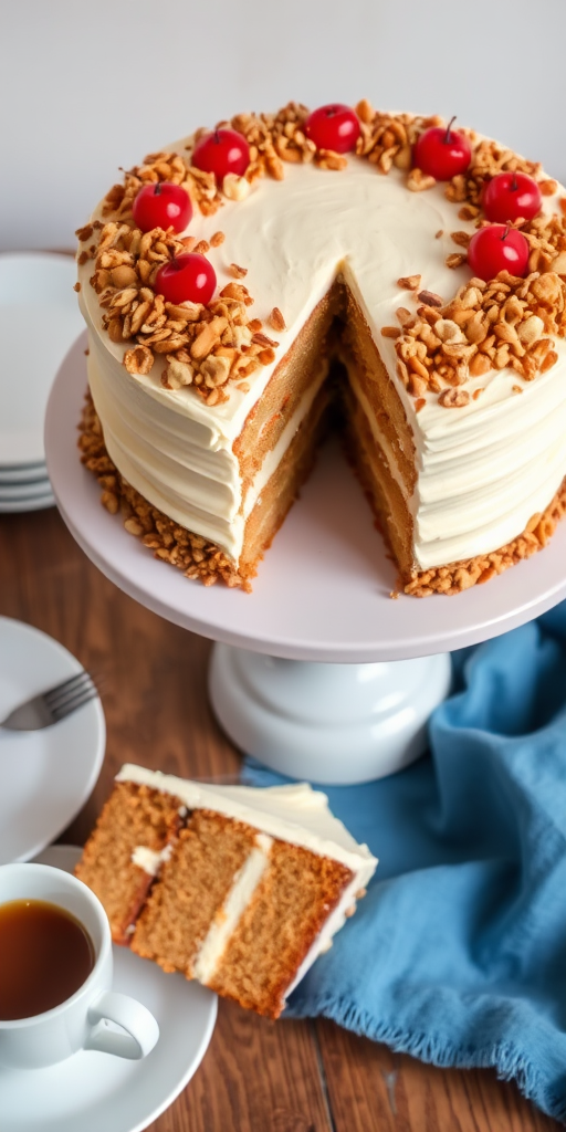 A beautifully layered cake with cream frosting topped with nuts and cherries, displayed on a white cake stand with a slice cut out, surrounded by plates and a cup of coffee on a wooden table with a blue cloth underneath.