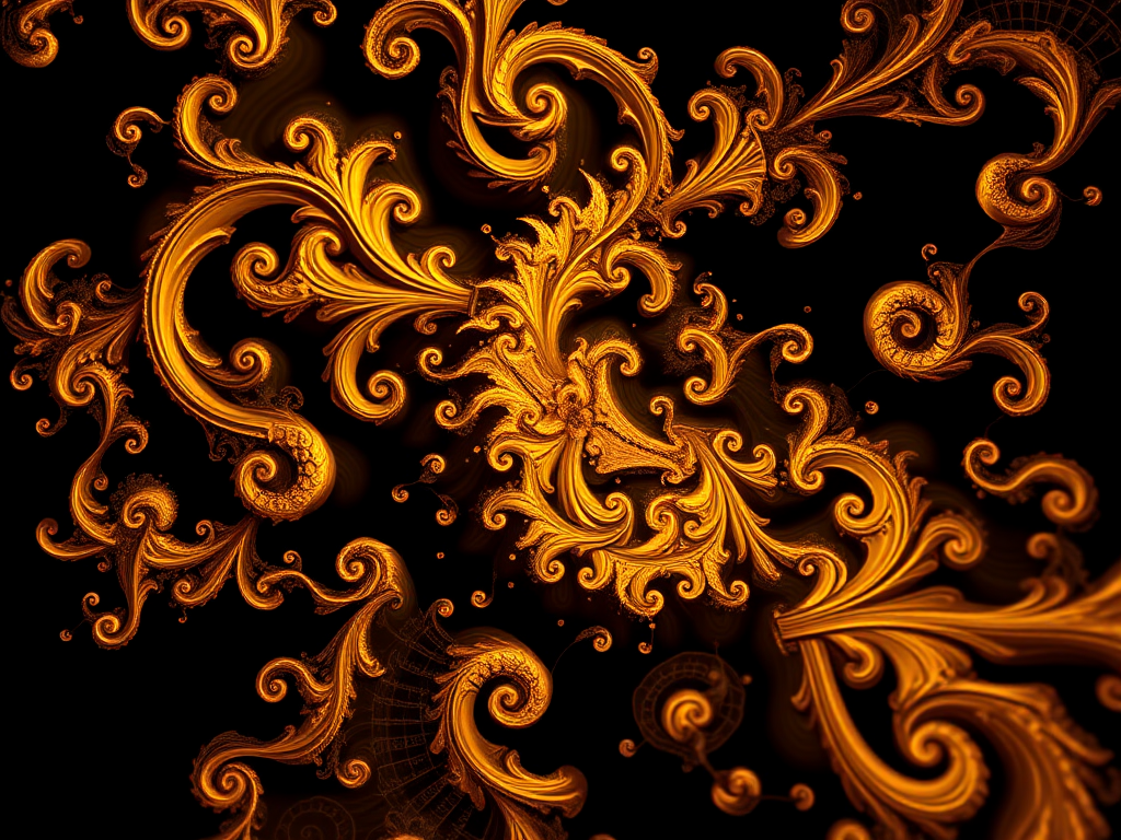 Regenerate a fractal art image featuring golden swirling patterns and intricate designs, taken with a DSLR camera, 50mm lens at f/1.8, ISO 100, in a dark room with controlled lighting to enhance vivid colors and contrast.