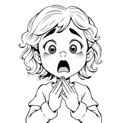 The image is a black and white illustration of a young girl with curly hair. She has a surprised expression on her face with her mouth open and her hands clasped together in front of her chest. Her eyes are wide and her eyebrows are furrowed. Her hair is styled in loose curls that are cascading down her back. The overall mood of the image is one of shock or surprise.