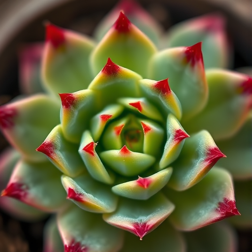 macro shot of a green succulent with red tips, captured with a Canon EOS 90D, 100mm f/2.8 macro lens, aperture f/8, ISO 200, natural light, top-down view, high detail and vivid colors.
