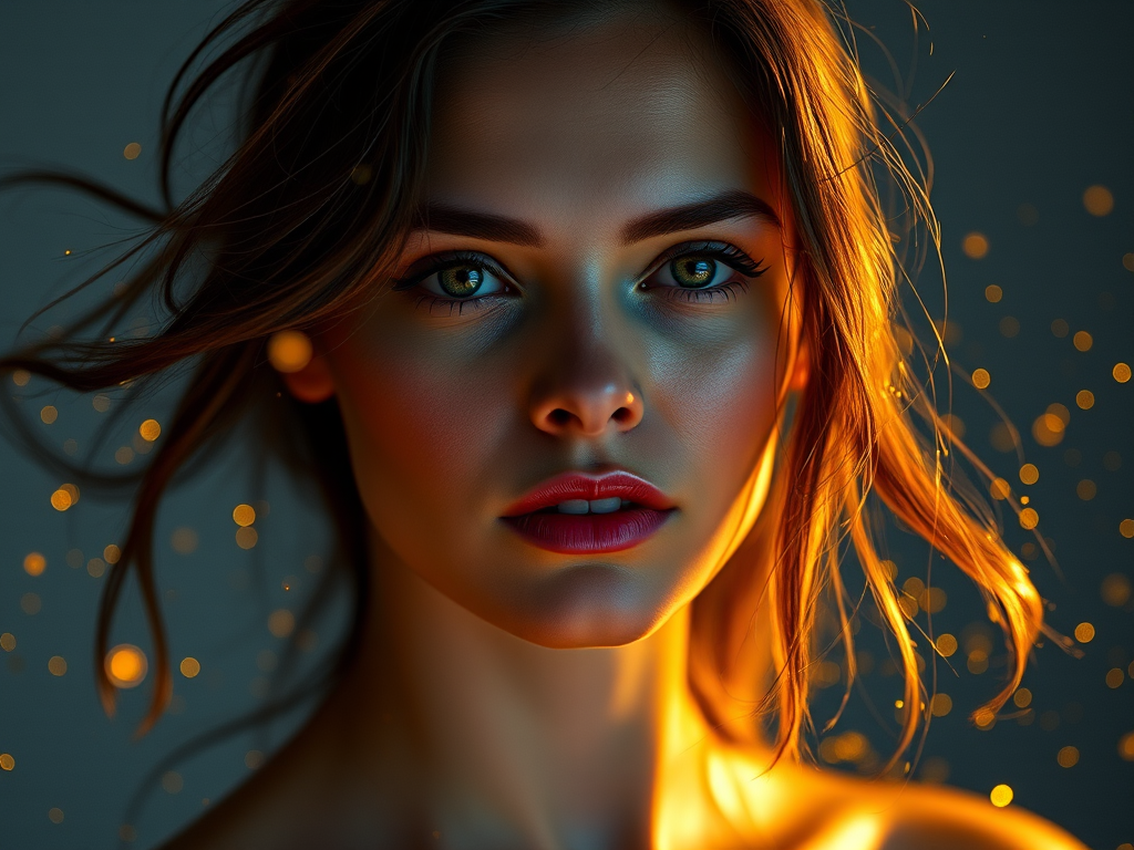 Portrait of a woman with flowing golden particles around her, soft lighting, high contrast, captured at f/1.8 aperture, ISO 100, 50mm lens, shallow depth of field, studio lighting setup.