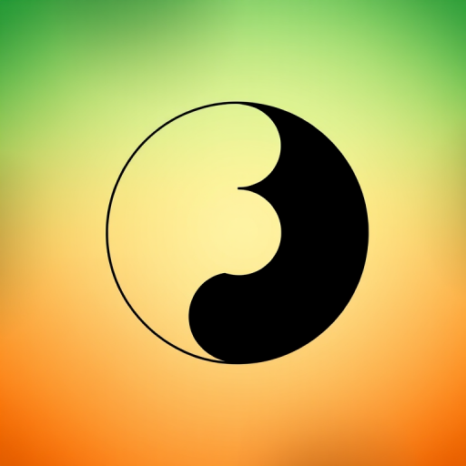 Create a high-resolution image of a yin-yang symbol with a soft gradient background transitioning from green at the top to orange at the bottom, using a DSLR camera at f/8 aperture, 1/125 shutter speed, ISO 100, with a standard lens and a slight vignette effect to enhance depth.