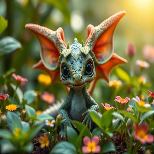 Create a highly detailed fantasy creature resembling a small, leafy dragon with large ears and expressive eyes, sitting amidst lush green foliage and colorful flowers, captured with a DSLR camera at f/1.8 aperture, ISO 100, 50mm lens, in soft natural light with a shallow depth of field for a dreamy background effect.