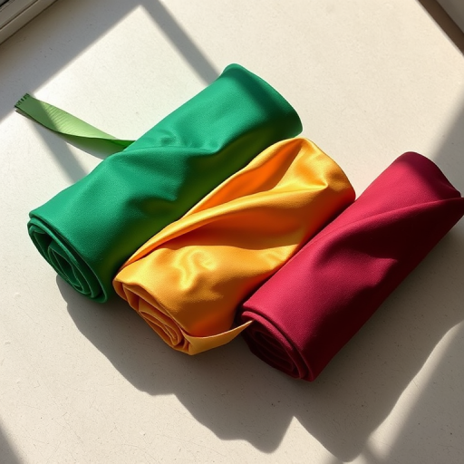 Three rolls of fabric in green, gold, and burgundy, placed on a flat surface with soft shadows, captured with a DSLR camera at f/4, shutter speed 1/125, ISO 100, in a top-down view, natural lighting for enhanced color vibrancy.