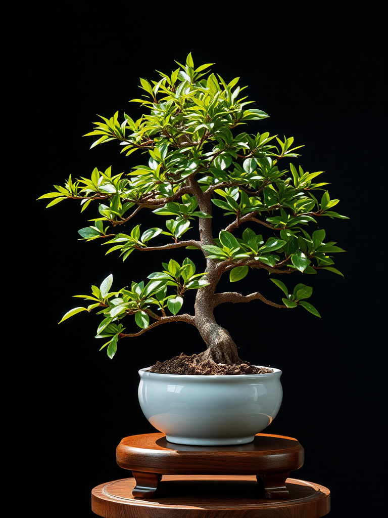 Create a high-resolution image of a bonsai tree with vibrant green leaves, displayed in a white ceramic pot, on a wooden stand, captured in soft natural light, with a shallow depth of field, using a DSLR camera at f/2.8, 50mm lens, ISO 100, shutter speed 1/200s, against a dark background for contrast.
