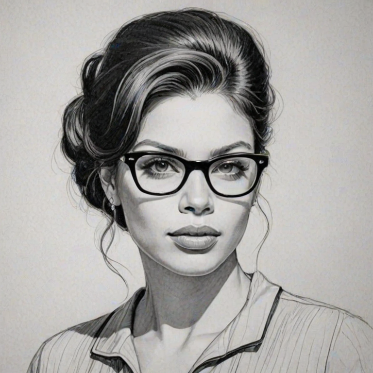 Elegant Vanessa Ferlito, pencil sketch, portrait of Superb woman 1958s in glasses, hair style beatnik, outline, clear lines, fine lines, 8k