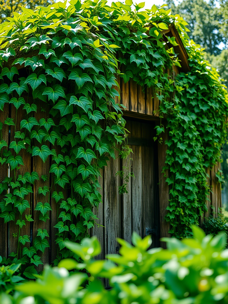 Regenerate the image of lush green vines growing over an old wooden structure with a shallow depth of field, using a DSLR camera set to f/2.8 aperture, ISO 100, and a focal length of 50mm, taken from a low angle view to emphasize the vibrant greenery and natural lighting.