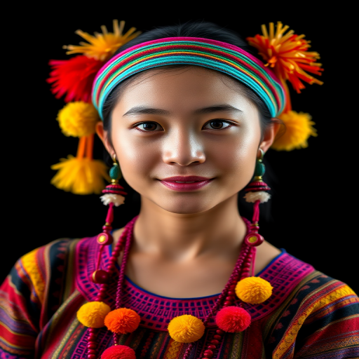 Portrait of a young woman in colorful traditional attire with pom-poms against a black background, taken with a Canon EOS R5, 50mm lens, f/1.8 aperture, ISO 100, 1/200s shutter speed, soft lighting and a slight vignette effect to enhance image quality.