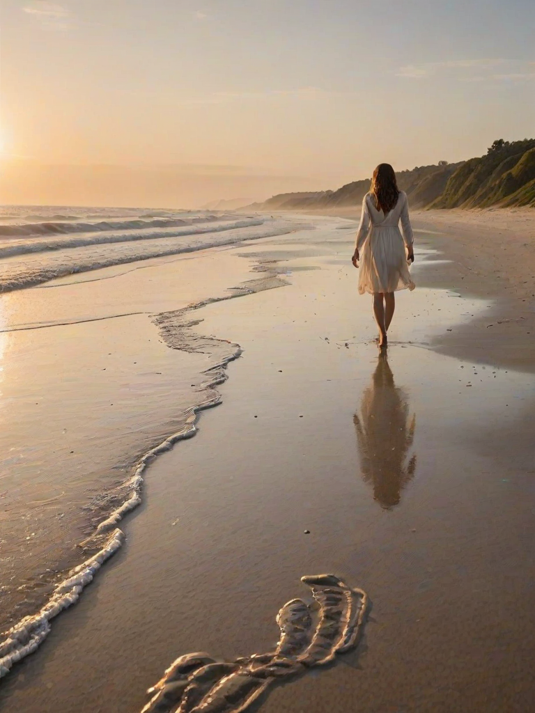 Deserted beach at sunrise, with waves gently lapping at the shore, a woman in a flowing dress walks along the water's edge, her footprints leaving a trail in the wet sand.