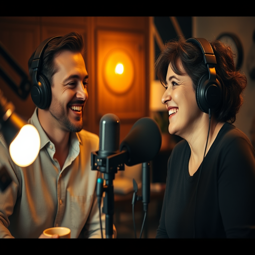 Two smiling individuals in a cozy podcast studio, wearing headphones and engaging in conversation, warm lighting, soft focus, aperture f/2.8, ISO 400, 50mm lens, DSLR camera, shallow depth of field, cinematic style.