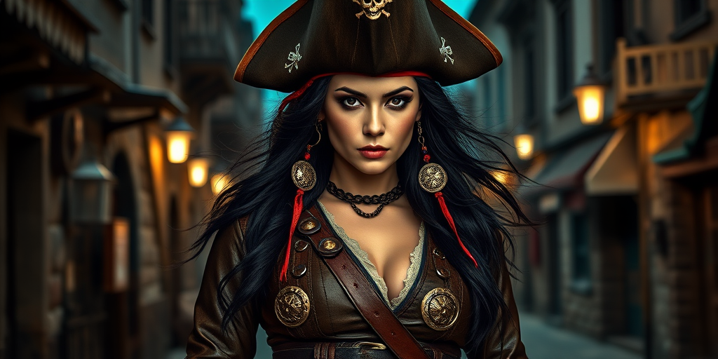 Create a portrait of a fierce female pirate. She wears a leather tricorn hat adorned with a skull and crossbones emblem, and her long, dark hair flows around her face. Her outfit consists of a richly detailed leather jacket, a corset, and multiple layers of belts and accessories, giving her a formidable and stylish appearance. She stands confidently in a dimly lit, historic port town, with a backdrop of weathered buildings and cobblestone streets, capturing the adventurous spirit of a pirate.