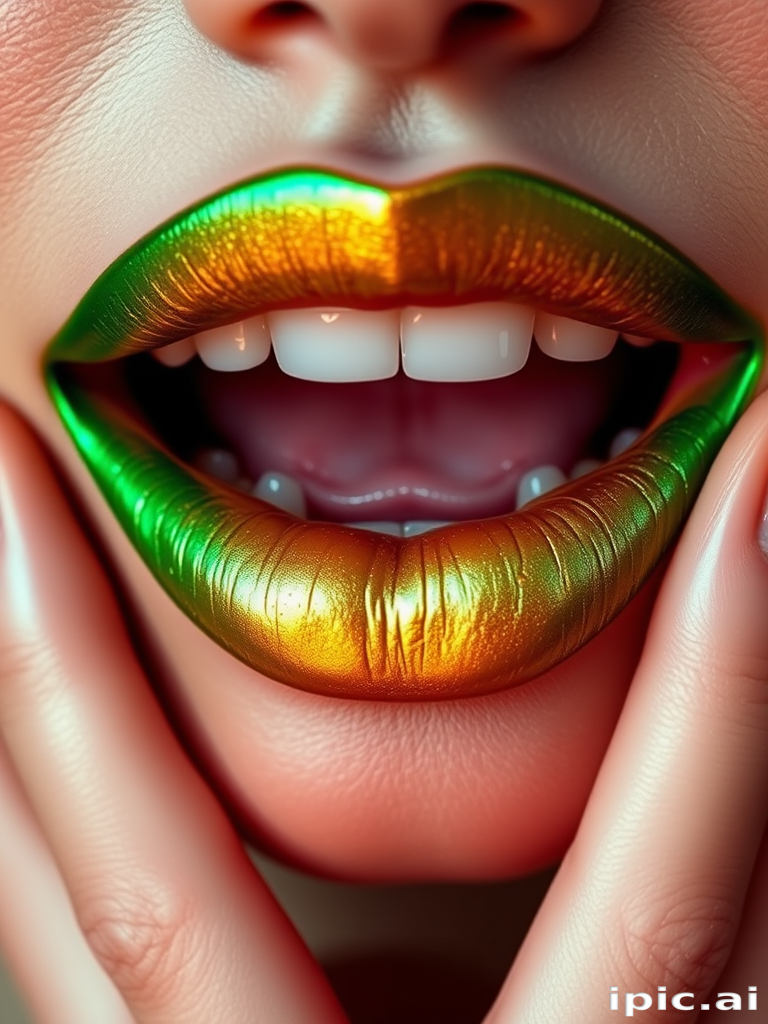 Multichrome green-gold-pink lips shift colors magically in the "Enchanted Forest" style, showcasing a unique tri-chrome effect that transforms from a deep emerald green to a warm gold and finally to a soft pink depending on the light and angle, creating a captivating and ever-changing lip look that's ideal for fantasy-themed makeup or high-fashion editorials