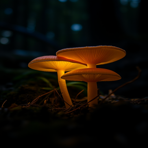 mushrooms illuminated in a dark forest setting, close-up macro shot, f/2.8 aperture, ISO 100, 1/60 sec shutter speed, natural lighting, DSLR camera, shallow depth of field, vibrant colors and details