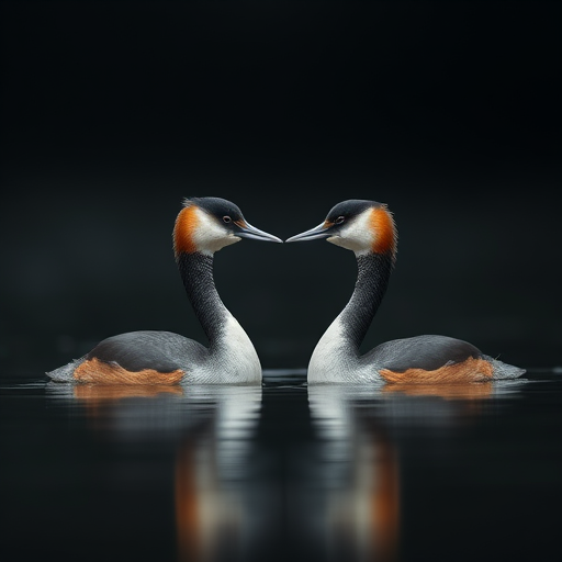 Create a high-resolution image of two grebes facing each other on a calm water surface, with a dark background, using a DSLR camera, 85mm lens, f/1.8 aperture, ISO 200, and a soft focus effect to enhance the details of the birds.