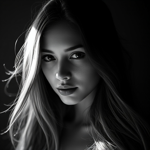 Create a high-contrast black and white portrait of a woman with long flowing hair, captured in low light with dramatic shadows, using a Canon EOS R5 camera, 85mm lens, f/1.8 aperture, ISO 100, shutter speed 1/200s, portrait mode, and soft lighting to enhance details and texture.