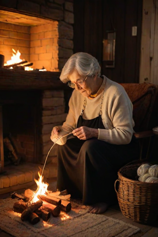 Warm, softly lit image of a grandmother knitting by a crackling fireplace, soft glow from the fire casting long shadows on the walls, with the smell of pine filling the cozy room.