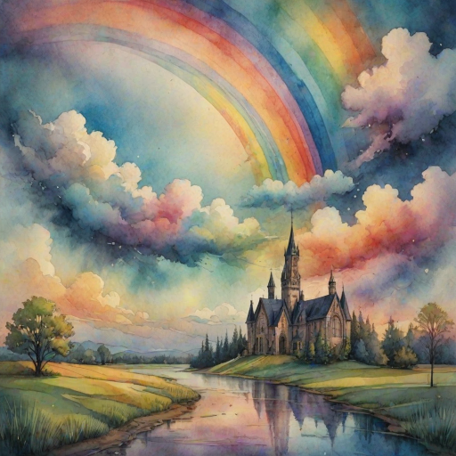 A whimsical and surreal sky with a vibrant rainbow, featuring dramatic lighting effects and a textured watercolor background, with a touch of gothic aesthetic.