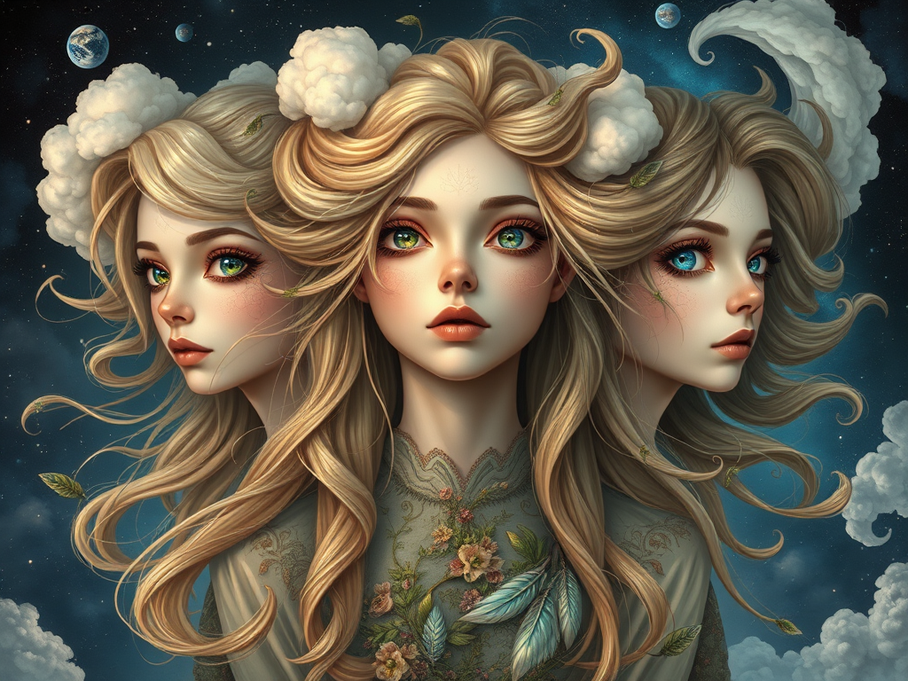 Create a series of imaginative portraits where each subject is infused with elements of fantasy and nature. The hair of the individuals should flow like clouds, varying from soft, fluffy cumulus to wispy cirrus strands, with hints of color reflecting a sunset or a clear blue sky. The eyes should be windows to entire galaxies, with stars, nebulae, and distant planets visible within them. Clothing should be adorned with nature motifs, such as floral patterns that bloom and change, vines that seem to grow and wrap around, or feathers that shimmer with iridescence. Each portrait should capture a unique personality, blending human features with the ethereal beauty of the natural and cosmic world. The backgrounds can vary, from starry night skies to enchanted forests, adding depth and context to the magical realism of the portraits