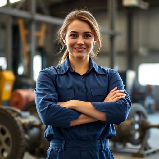 a confident female engineer in a blue jumpsuit standing with arms crossed in a machinery workshop, soft natural lighting to enhance facial features, aperture f/2.8, shutter speed 1/125, ISO 200, 50mm lens, shallow depth of field, professional portrait style