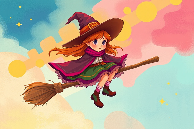 Create a whimsical illustration of a young witch flying on a broomstick with vibrant colors in the background, using a Canon EOS R5 camera, f/4 aperture, ISO 100, 35mm lens, portrait view, and vibrant color grading.