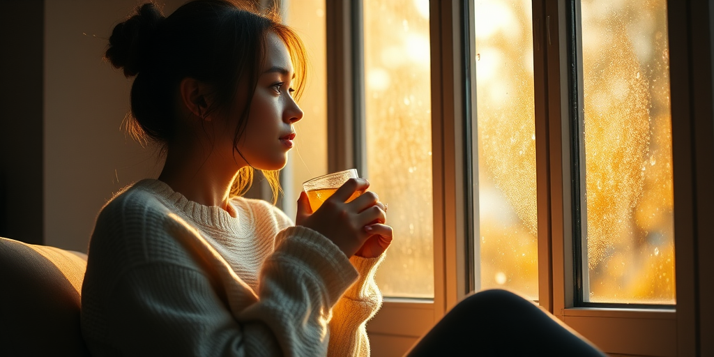 Warmly lit photo of a young woman sitting by a large window, sipping tea as sunlight streams in, her soft sweater illuminated in the golden glow, and rain droplets gently falling on the glass.