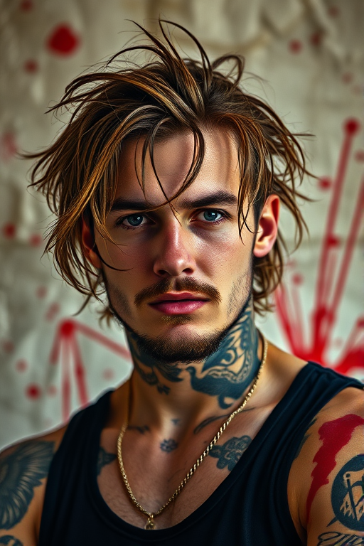 Create a high-resolution portrait of a man with long, messy hair and tattoos, set against a textured background with splashes of red ink, captured in a shallow depth of field with a DSLR camera, 85mm lens, aperture set to f/1.8, ISO 100, natural lighting for enhanced detail and contrast.