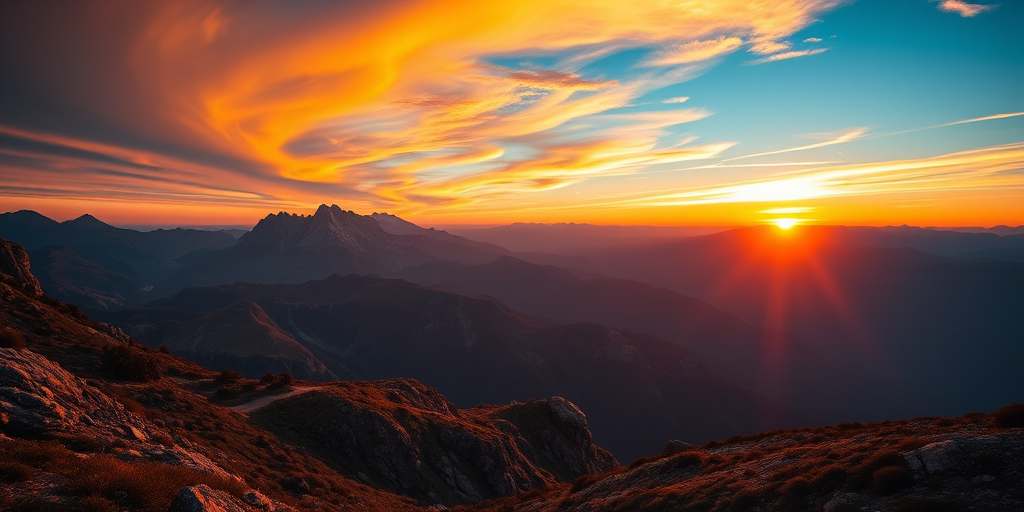 Create a highly detailed image of a serene mountain landscape during sunrise, captured with a Canon EOS R5, 24mm lens, f/8 aperture, ISO 100, 1/125 sec exposure, wide-angle view, vibrant colors, and enhanced clarity.