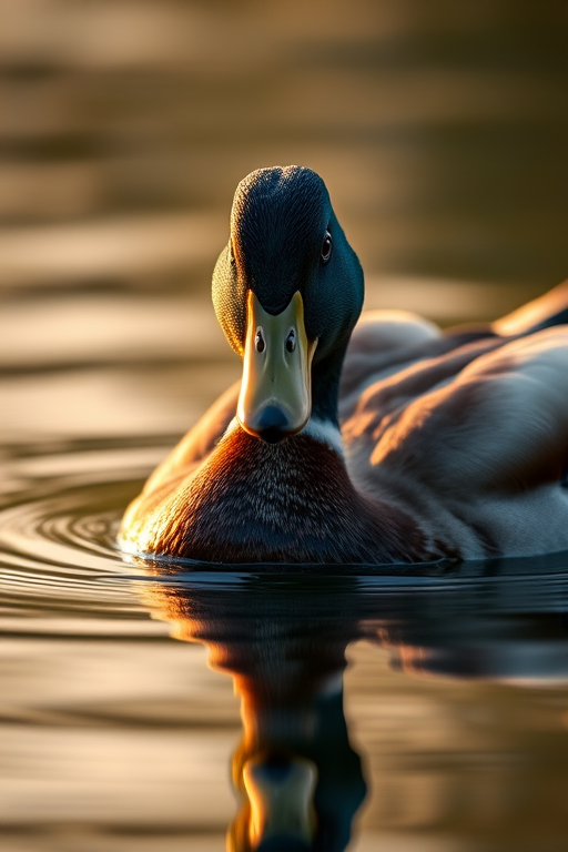 A close-up of a swimming mallard duck in calm water with soft golden reflections, shot with a DSLR camera, 100mm lens, f/2.8 aperture, ISO 200, and shutter speed 1/500 seconds for enhanced detail and depth of field.