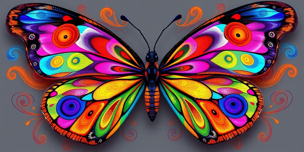 Create a vibrant, multicolored butterfly design with intricate patterns and swirling shapes, shot with a DSLR camera at f/2.8 aperture, 50mm lens, and in a high-resolution studio lighting setup.